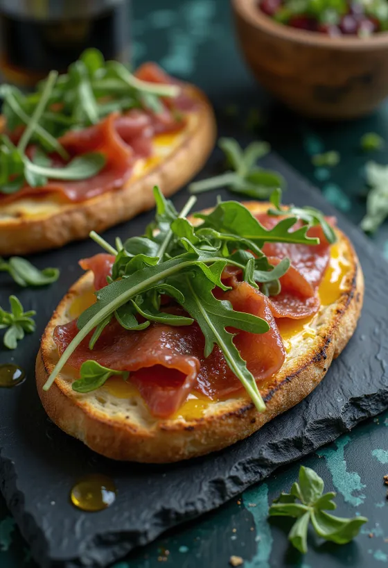 Focaccia with bresaola and rocket served