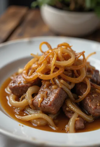 Calf's Liver and Onions, fried liver with roasted onions