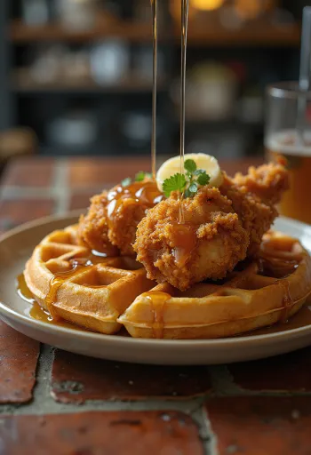 Chicken and waffles on a plate drizzled with maple syrup