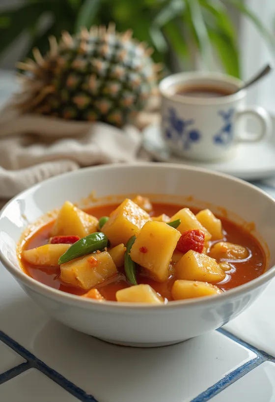 Sweet and sour chicken sauce in a bowl, with pineapple and pepper pieces.