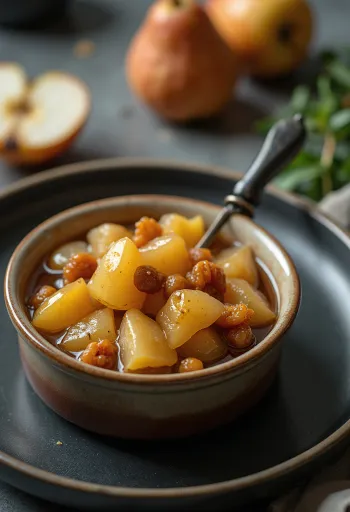 Sweet & Sour Pear Chutney served in a jar