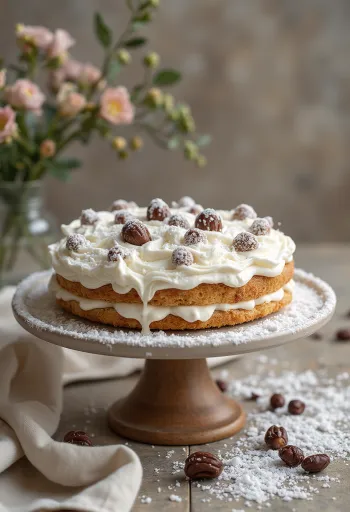Snowy chestnut cake with white cream topping