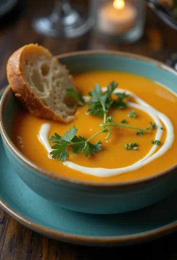 Creamy coriander carrot soup served