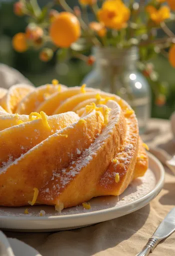 Orange Bundt cake baked to golden brown, dusted with icing sugar