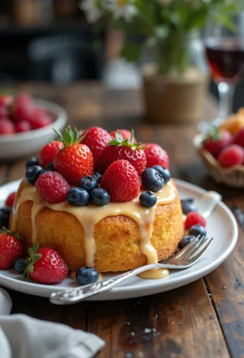 Summer fruit cake decorated with fresh fruit