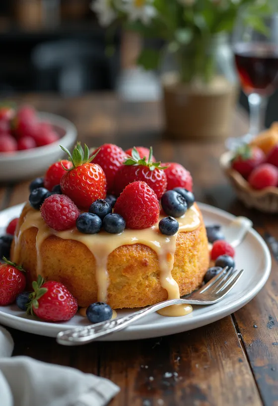 Summer fruit cake decorated with fresh fruit