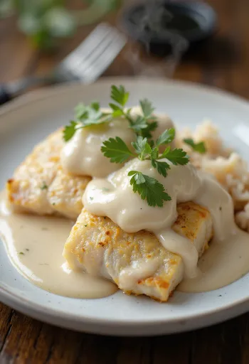 Pan-fried fish with dill sauce served