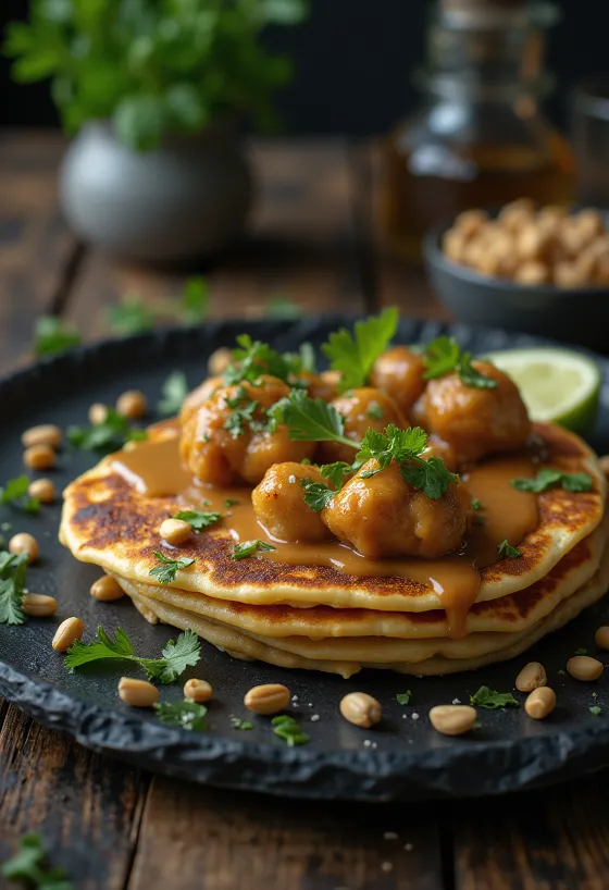 Satay pancake served with peanut chicken and coriander
