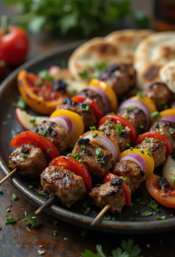 Shish kebab grilled meat and vegetables on skewers
