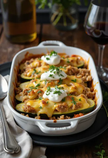 Freshly baked stuffed courgettes filled with minced meat and cheese, roasted to golden brown.