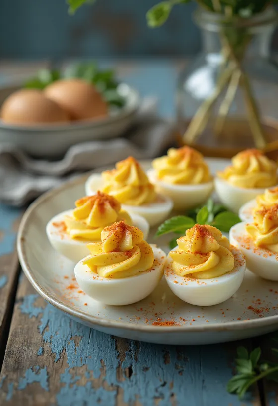Deviled eggs garnished with fresh herbs and paprika