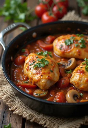Chicken cacciatore served in a pan with vegetables