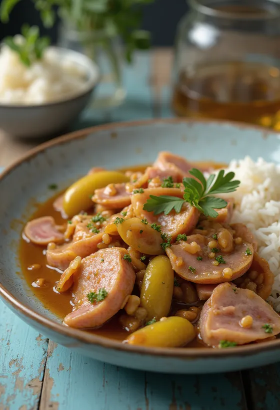 Butcher's stew with juicy pork, smoked sausage and pickled gherkins.