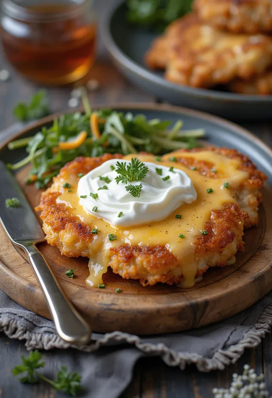 Crispy Mátra style pork chop fried in coating, served with grated cheese and sour cream.