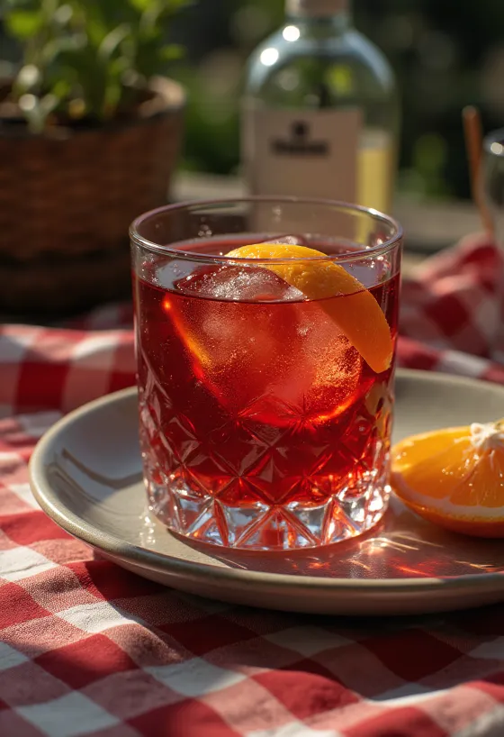 Negroni cocktail garnished with an orange slice