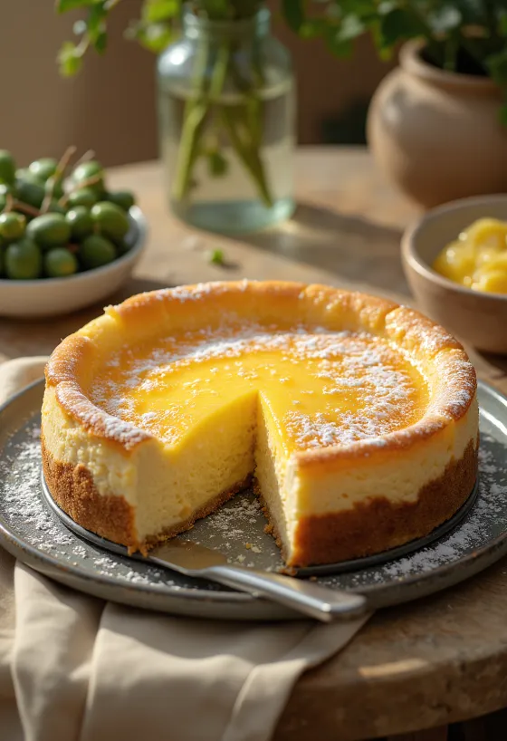 German cheesecake with soft filling dusted with icing sugar