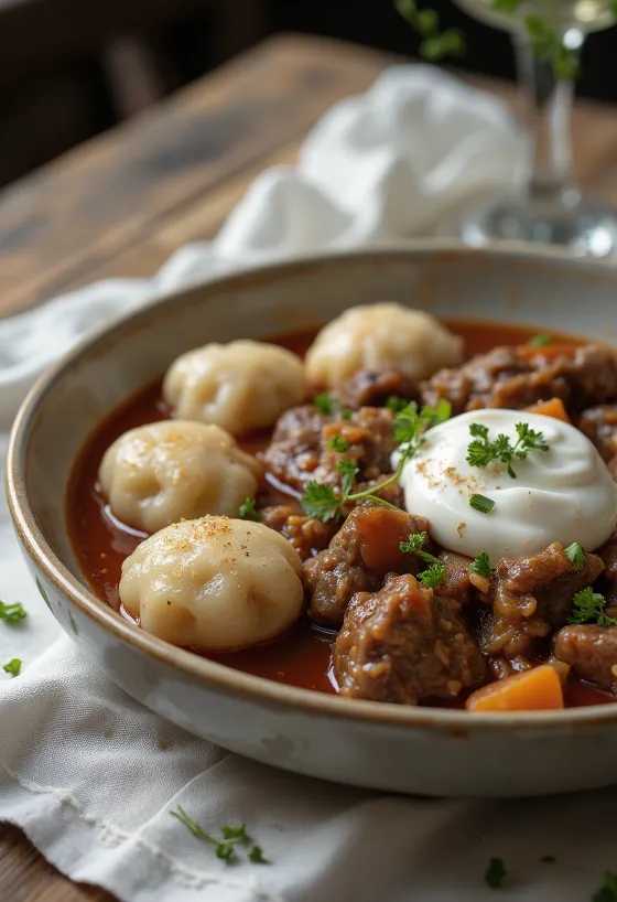 Beef stew served with ewe's cheese dumplings and sour cream