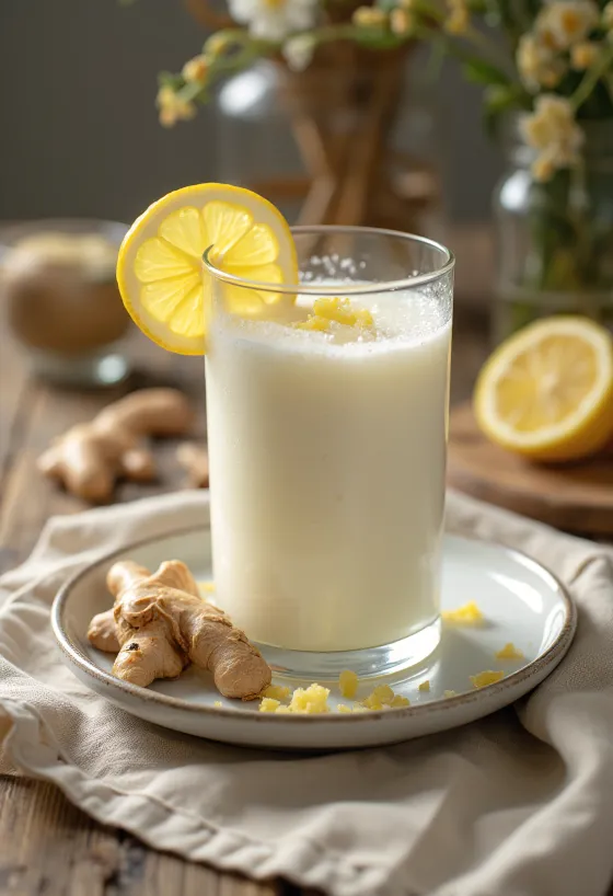 Probiotic white tea and ginger kefir served with fresh lemon