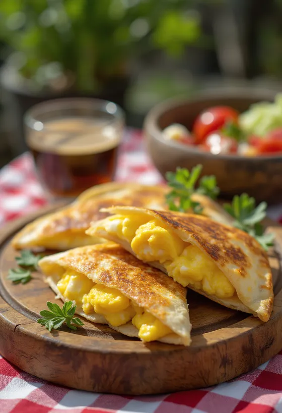Sliced quesadilla filled with eggs and cheese, fried until crisp