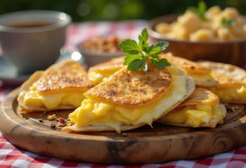 Sliced quesadilla filled with eggs and cheese, fried until crisp