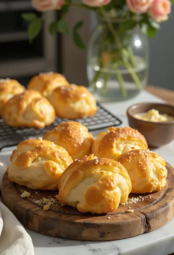 Golden brown baked cheese puffs with a crispy exterior and soft interior, served on a tray.