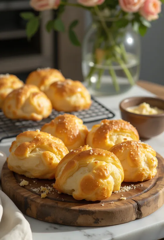 Golden brown baked cheese puffs with a crispy exterior and soft interior, served on a tray.