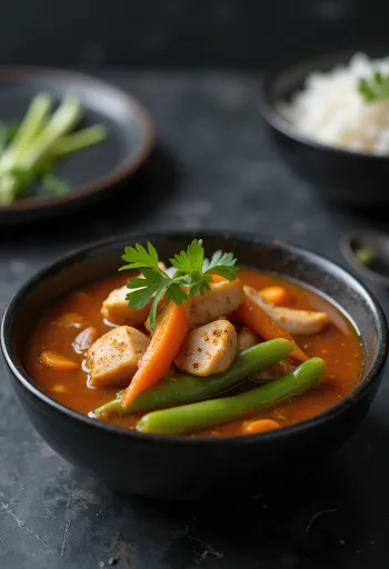 Sinigang with tandoori spice, decorated with fresh coriander