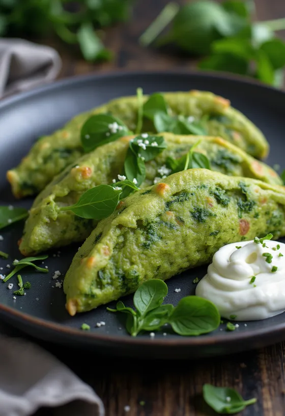 Spinach savoury pancakes served with fresh vegetables