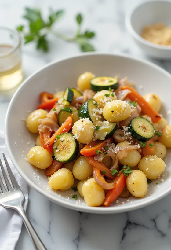 Baked vegetable gnocchi served in a bowl