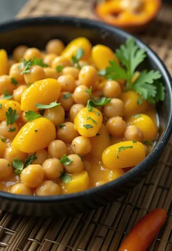 Curry dish with yellow ackee fruit and chickpeas