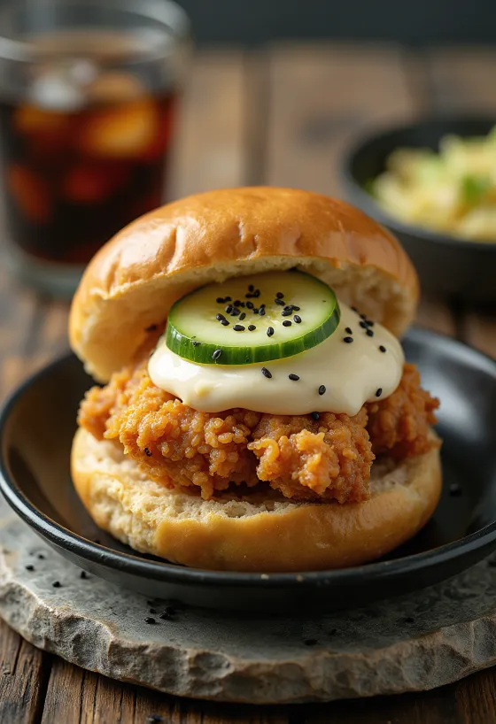 Fried Chicken Bao with crispy chicken breast and cucumber