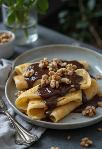 Freshly made Gundel crêpes, filled with walnut cream, poured with chocolate sauce.