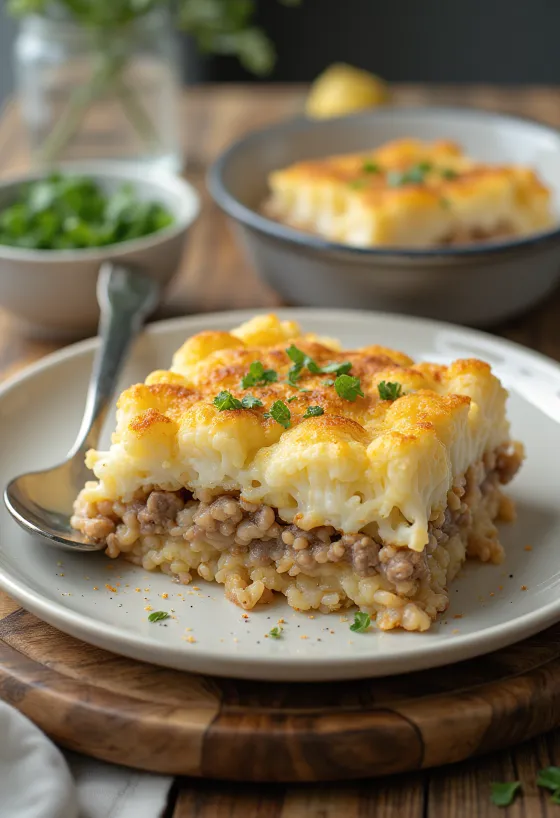 Layered cauliflower baked with minced meat, cheese, and sour cream