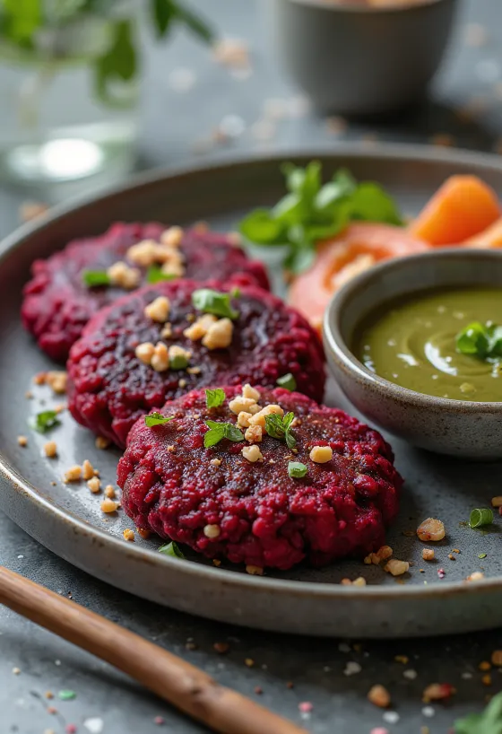 Vegan beetroot patties with fresh salad and parsley