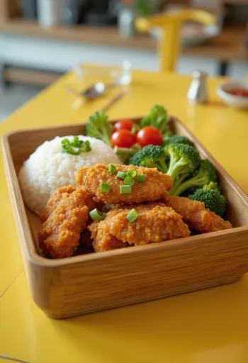 Karaage bento box with crisp chicken, rice and fresh vegetables