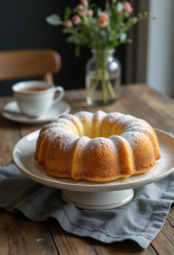 Marzipan Bundt cake dusted with icing sugar, cut into slices