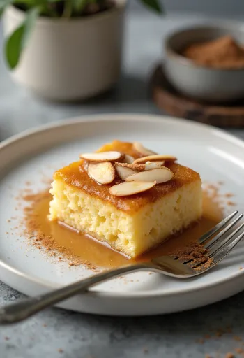 Cinnamon spiced revani squares on a plate