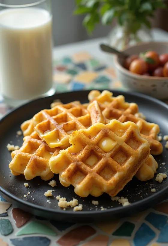 Freshly baked savoury cheese waffles with a crispy golden brown exterior