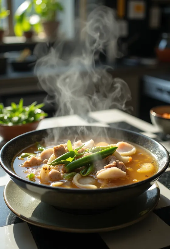 Sinigang stew served with spicy pork and vegetables