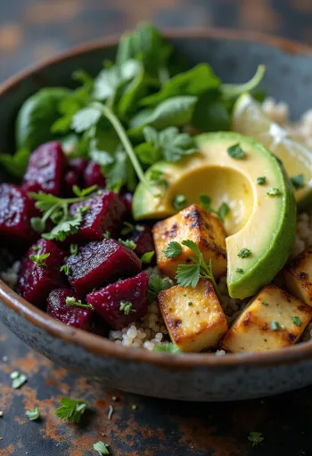 Spinach quinoa Buddha bowl served with beetroot lime tofu