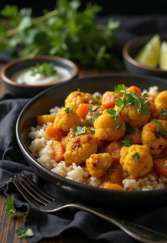 Vegan cauliflower curry bake served