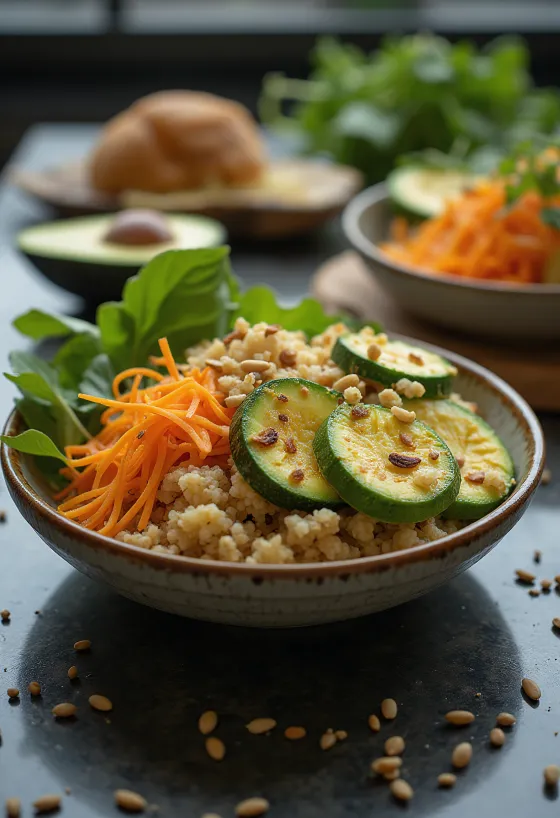 Avocado and courgette Buddha bowl served
