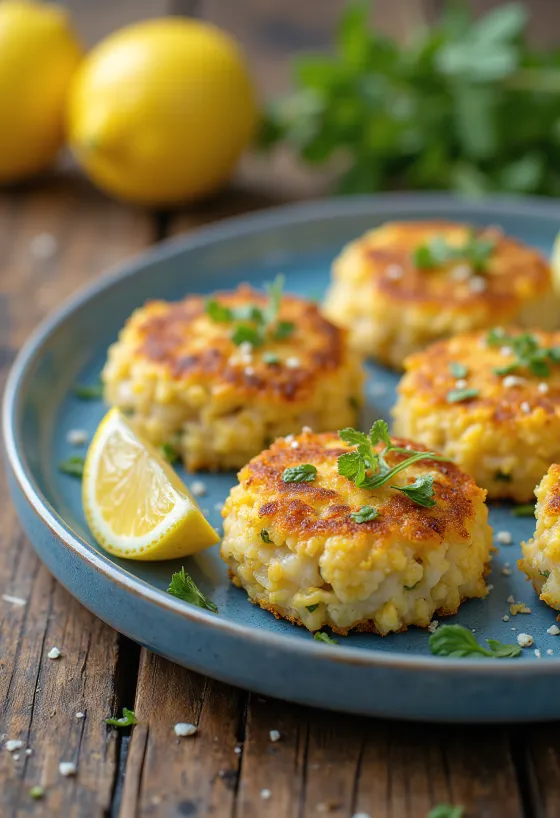 Fishcake with lemon zest served with fresh lemon slices and salad