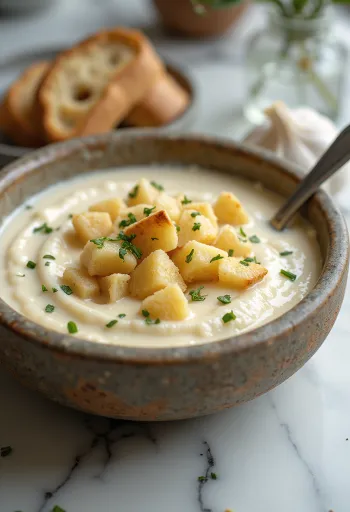 Creamy garlic soup with toasted croutons and fresh parsley.