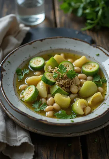 Minestrone with courgette, served with tomatoes and pasta in a deep bowl