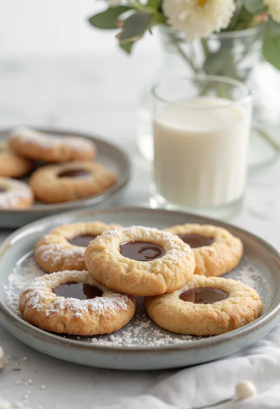Hazelnut Cream Linzer Biscuits dusted with icing sugar, served on a plate