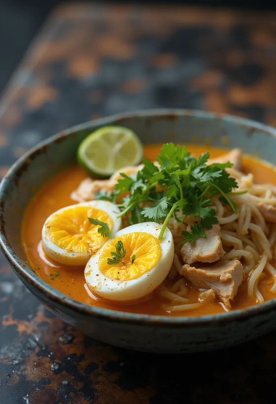 Nyonya laksa, tamarind coconut based soup served with chicken, noodles and fresh vegetables.