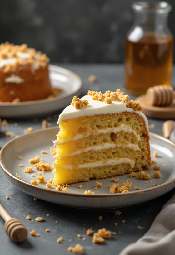 Russian honey cake layered with cream and decorated with cake crumbs