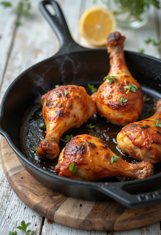 Spicy roasted chicken thigh served with fresh vegetables.