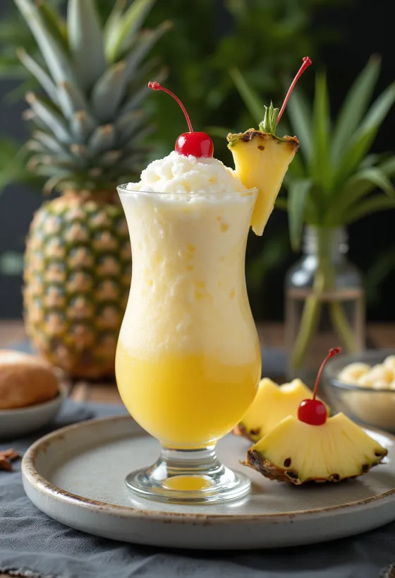 Piña Colada garnished with fresh pineapple and cocktail cherry